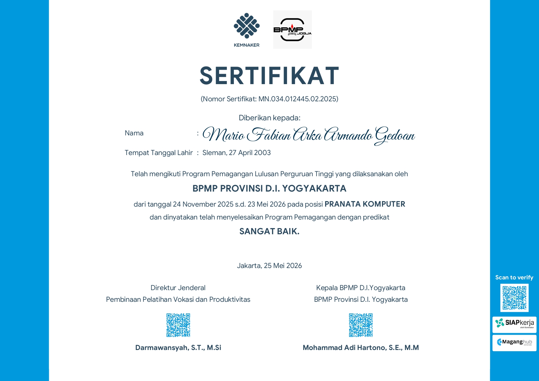 Sertifikat Magang BPMP